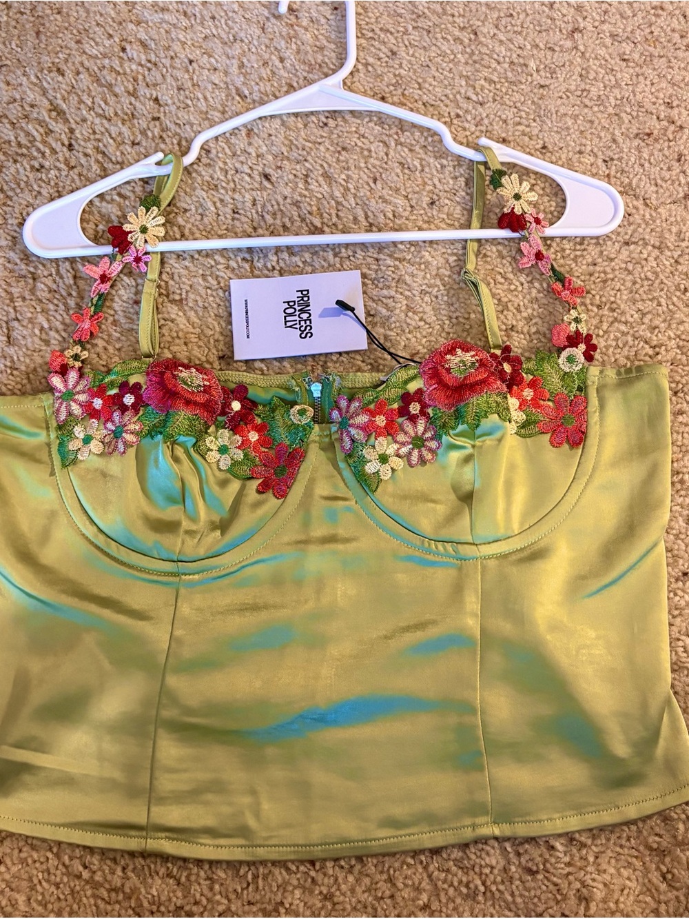 Princess Polly Lime Green Satin Floral Embroidered Bustier Camisole